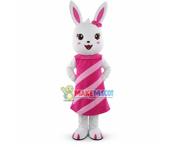 Cute White Rabbit Girl With In Pink Dress Cartoon Mascot Costume Cute White Rabbit Girl With In Pink Dress Cartoon Mascot Costume