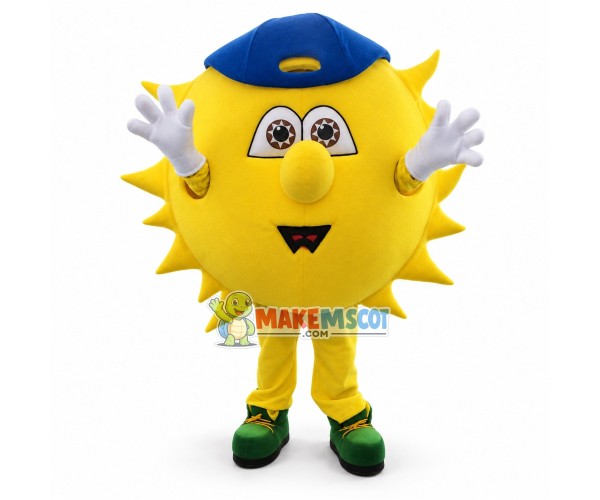Cartoon Sun With Blue Hat Mascot Costume Cartoon Sun With Blue Hat Mascot Costume