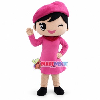 Winking Girl In Pink Dress and Pink Beret Mascot Costume Winking Girl In Pink Dress and Pink Beret Mascot Costume