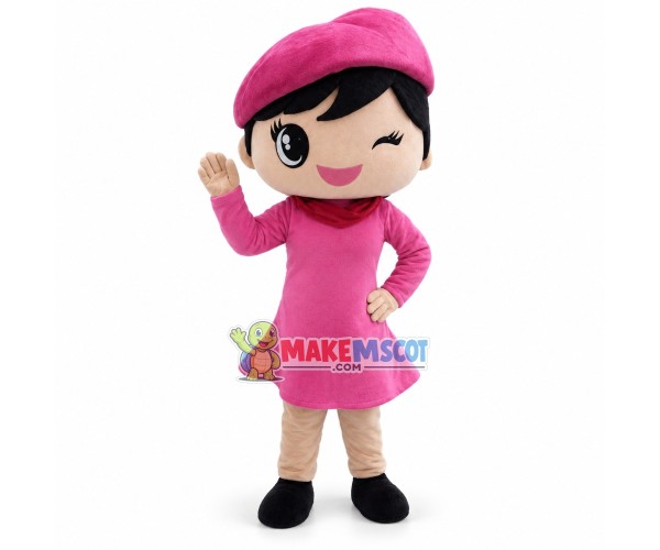 Winking Girl In Pink Dress and Pink Beret Mascot Costume