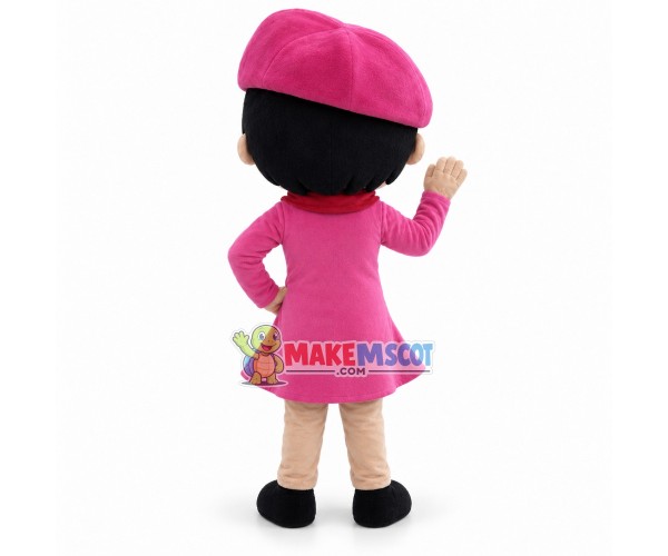 Winking Girl In Pink Dress and Pink Beret Mascot Costume Winking Girl In Pink Dress and Pink Beret Mascot Costume