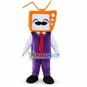 Orange TV Staff In Purple Suit Mascot Costume Orange TV Staff In Purple Suit Mascot Costume