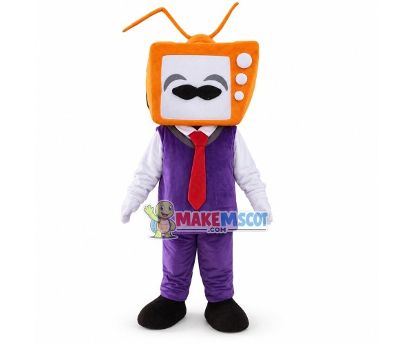Orange TV Staff In Purple Suit Mascot Costume Orange TV Staff In Purple Suit Mascot Costume