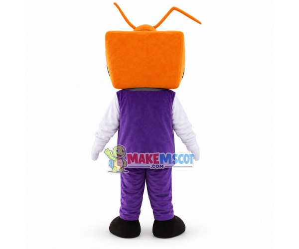 Orange TV Staff In Purple Suit Mascot Costume Orange TV Staff In Purple Suit Mascot Costume