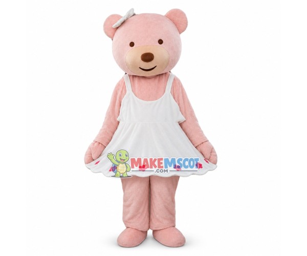 Cute Cartoon Pink Bear With White Dress and White Bow Hairpin Mascot Costume Cute Cartoon Pink Bear With White Dress and White Bow Hairpin Mascot Costume