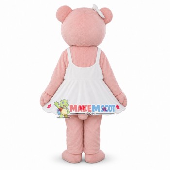 Cute Cartoon Pink Bear With White Dress and White Bow Hairpin Mascot Costume