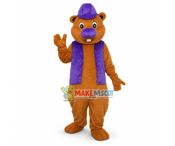Purple Nosed Beaver With Purple Hat and Purple Vest Mascot Costume