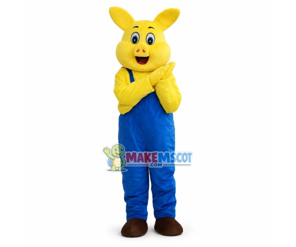 Curious Yellow Pig In Blue Jumpsuit Mascot Costume
