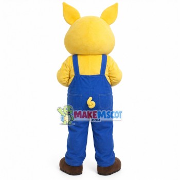 Curious Yellow Pig In Blue Jumpsuit Mascot Costume Curious Yellow Pig In Blue Jumpsuit Mascot Costume