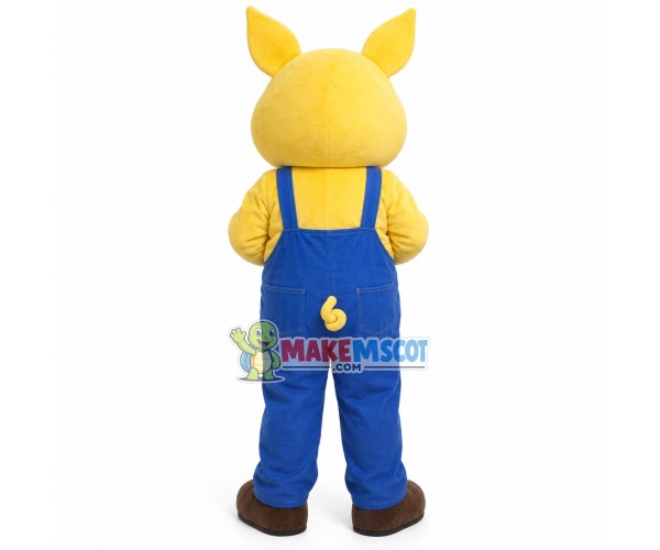 Curious Yellow Pig In Blue Jumpsuit Mascot Costume Curious Yellow Pig In Blue Jumpsuit Mascot Costume