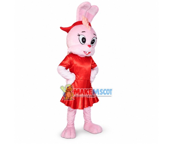 Cartoon Pink Bunny In Red Dress Mascot Costume Cartoon Pink Bunny In Red Dress Mascot Costume