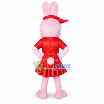 Cartoon Pink Bunny In Red Dress Mascot Costume Cartoon Pink Bunny In Red Dress Mascot Costume