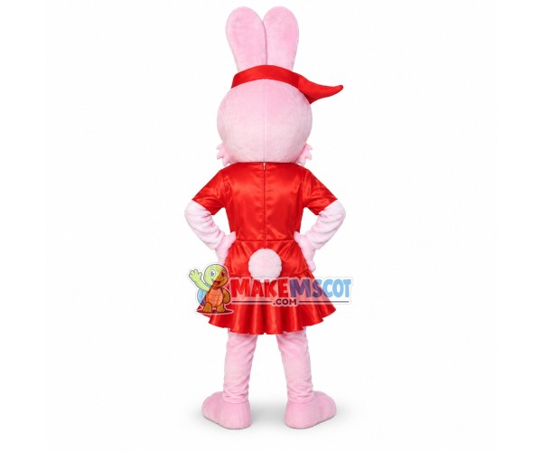 Cartoon Pink Bunny In Red Dress Mascot Costume Cartoon Pink Bunny In Red Dress Mascot Costume