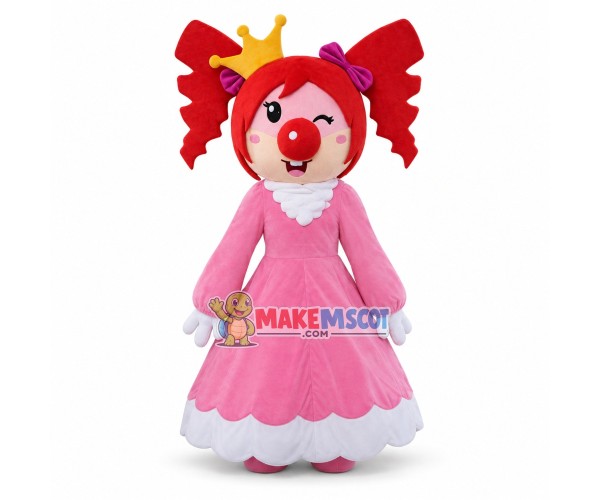 Optimistic Princess With Red Hair and Big Red Nose Mascot Costume Optimistic Princess With Red Hair and Big Red Nose Mascot Costume
