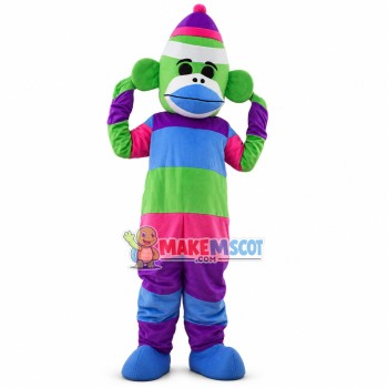 Rainbow Striped Sock Monkey Mascot Costume 
