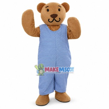 Brown Teddy Bear In Striped Jumpsuit Mascot Costume Brown Teddy Bear In Striped Jumpsuit Mascot Costume