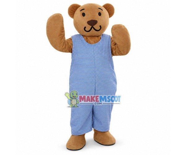 Brown Teddy Bear In Striped Jumpsuit Mascot Costume Brown Teddy Bear In Striped Jumpsuit Mascot Costume