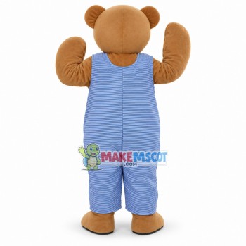 Brown Teddy Bear In Striped Jumpsuit Mascot Costume Brown Teddy Bear In Striped Jumpsuit Mascot Costume