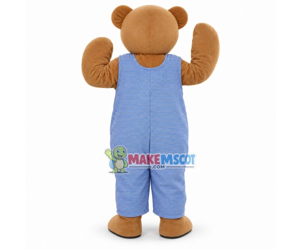 Brown Teddy Bear In Striped Jumpsuit Mascot Costume Brown Teddy Bear In Striped Jumpsuit Mascot Costume