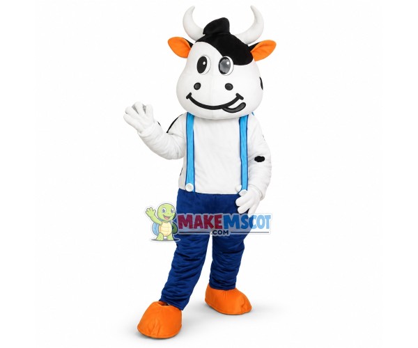 Lovely Cow Wearing Blue Overalls Mascot Costume Lovely Cow Wearing Blue Overalls Mascot Costume