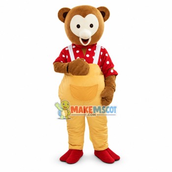 Brown Bear In Red Shirt and Yellow Jumpsuit Mascot Costume Brown Bear In Red Shirt and Yellow Jumpsuit Mascot Costume