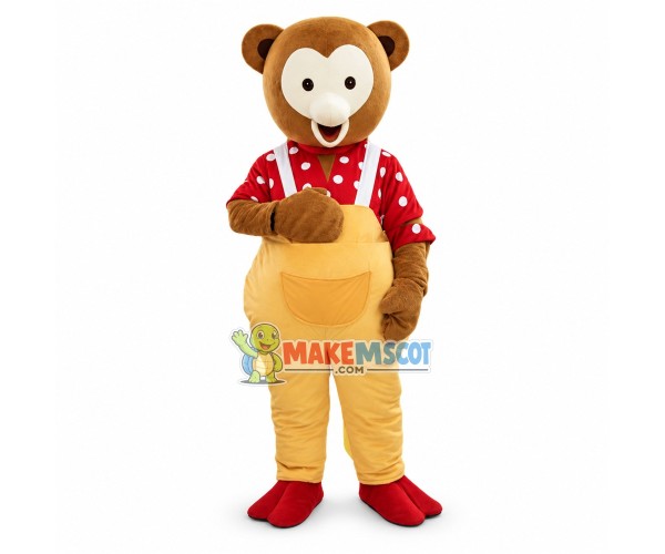 Brown Bear In Red Shirt and Yellow Jumpsuit Mascot Costume Brown Bear In Red Shirt and Yellow Jumpsuit Mascot Costume