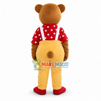 Brown Bear In Red Shirt and Yellow Jumpsuit Mascot Costume Brown Bear In Red Shirt and Yellow Jumpsuit Mascot Costume