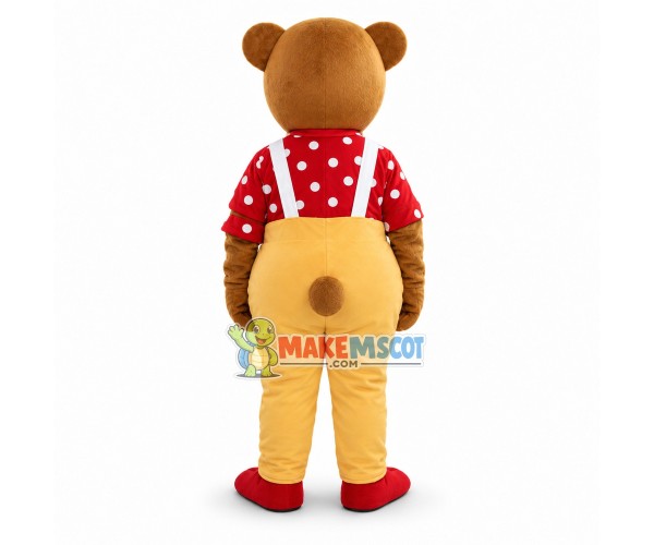 Brown Bear In Red Shirt and Yellow Jumpsuit Mascot Costume Brown Bear In Red Shirt and Yellow Jumpsuit Mascot Costume
