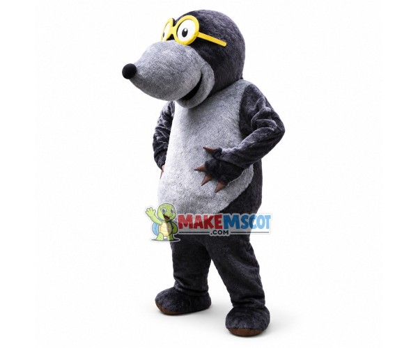 Grey Mole With Yellow Glasses Mascot Costume	
