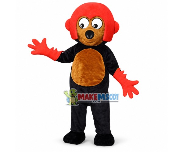 Black Mole In Red Helmet Mascot Costume Black Mole In Red Helmet Mascot Costume