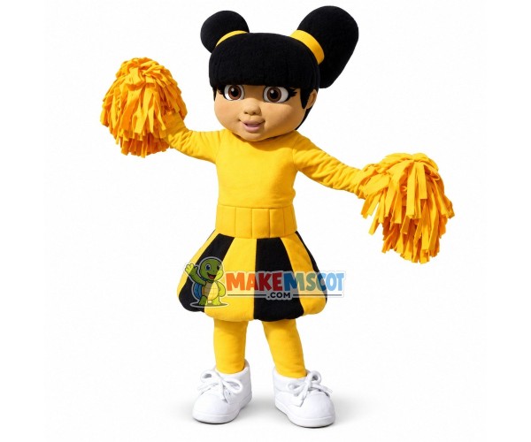 Black Cheerleader Wearing Yellow Uniform Mascot Costume Black Cheerleader Wearing Yellow Uniform Mascot Costume