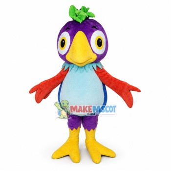 Purple Parrot With Green Leaves On Head Mascot Costume Purple Parrot With Green Leaves On Head Mascot Costume