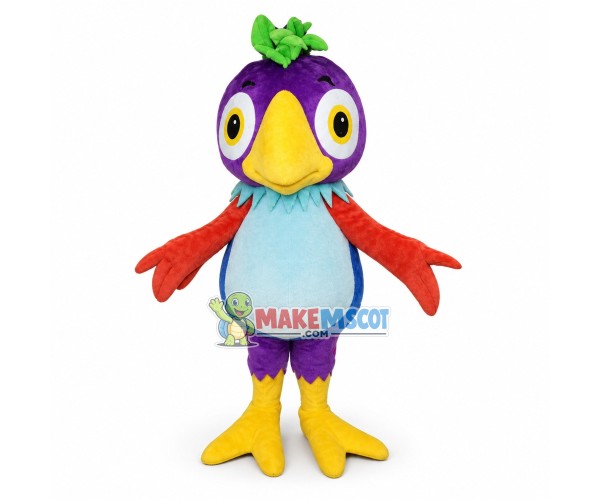 Purple Parrot With Green Leaves On Head Mascot Costume Purple Parrot With Green Leaves On Head Mascot Costume
