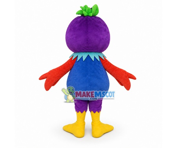 Purple Parrot With Green Leaves On Head Mascot Costume Purple Parrot With Green Leaves On Head Mascot Costume