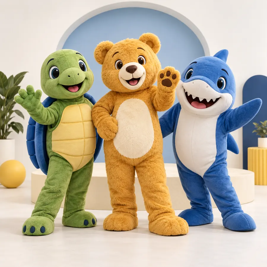 A friendly turtle, teddy bear and blue shark mascot ready to help you find your way.
